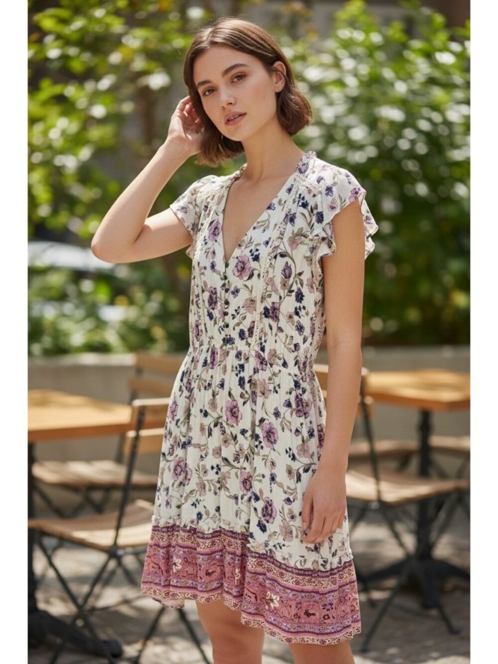 Vintage Floral Rayon Dress Ruffle Buttons Rayon Size M Cream Pink Purple Blue